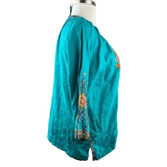 Johnny Was Linen Sentrie Peasant Blouse Floral Embroidered Blue 3/4 Sleeve XXL - Picture 12 of 16